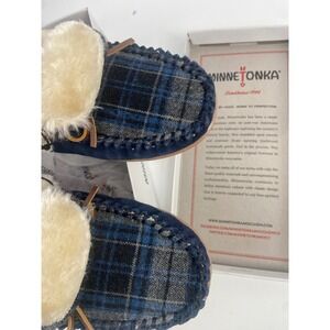 Minnetonka Women's BluePlaid Moccasin Slippers Handmade Fur Lined Size 9‎